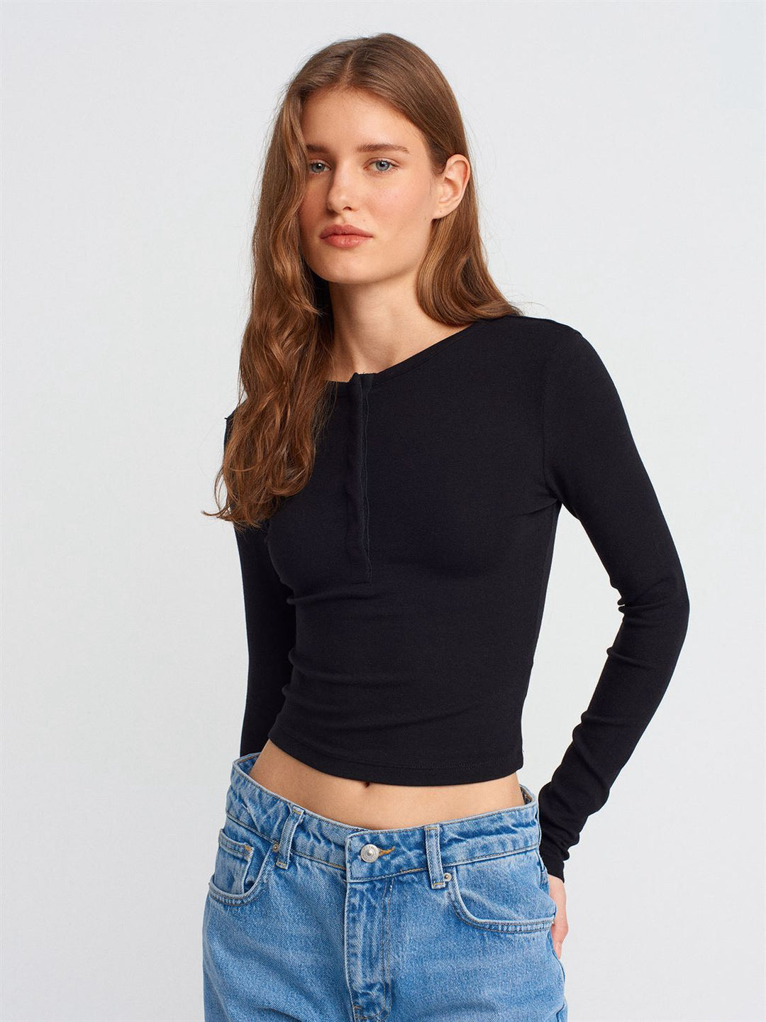 Soft Modal Ribbed Buttoned Long Sleeve Top