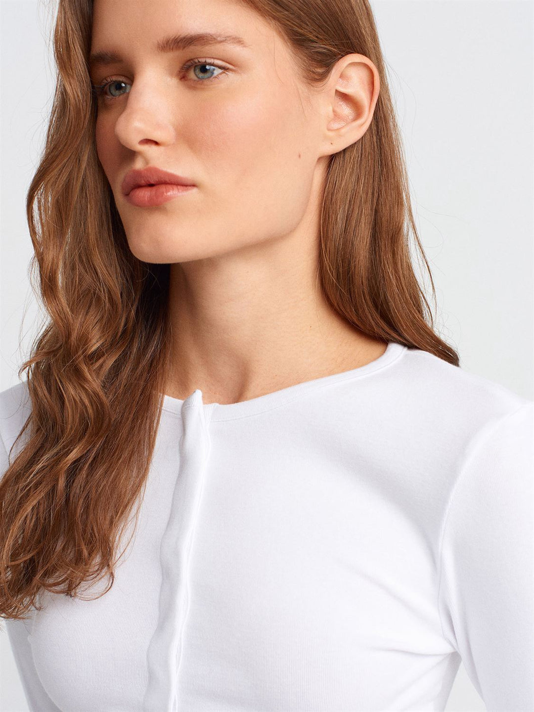 Soft Modal Ribbed Buttoned Long Sleeve Top