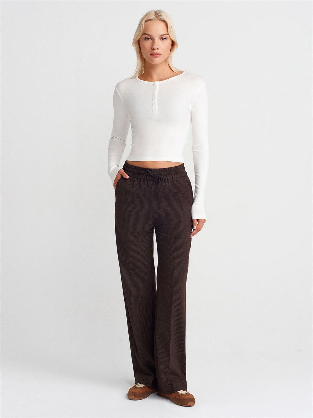 Soft Modal Ribbed Buttoned Long Sleeve Top