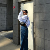 Front Split V Stitch Design Denim Skirt