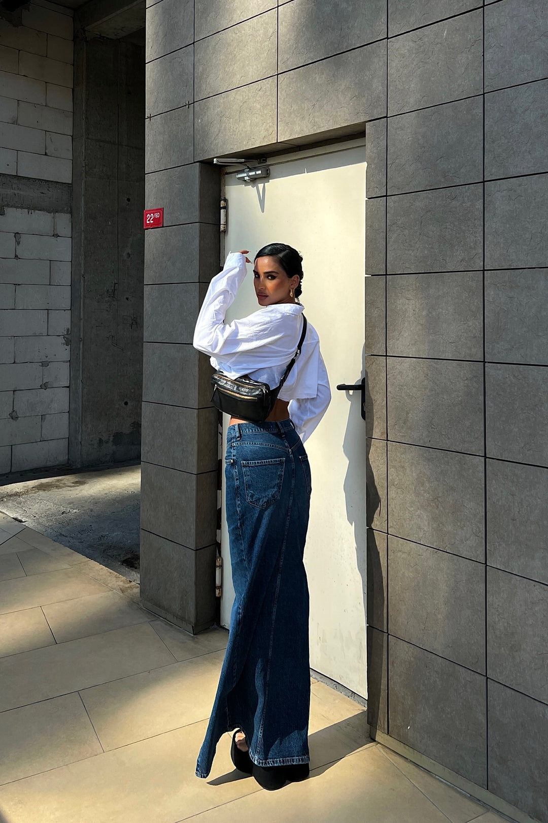 Front Split V Stitch Design Denim Skirt