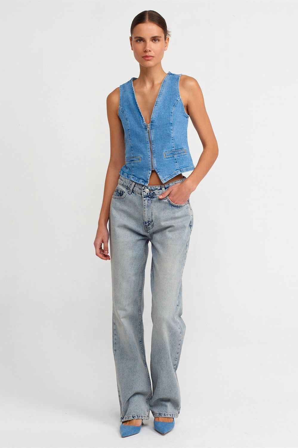 Zip Up Denim Vest Top