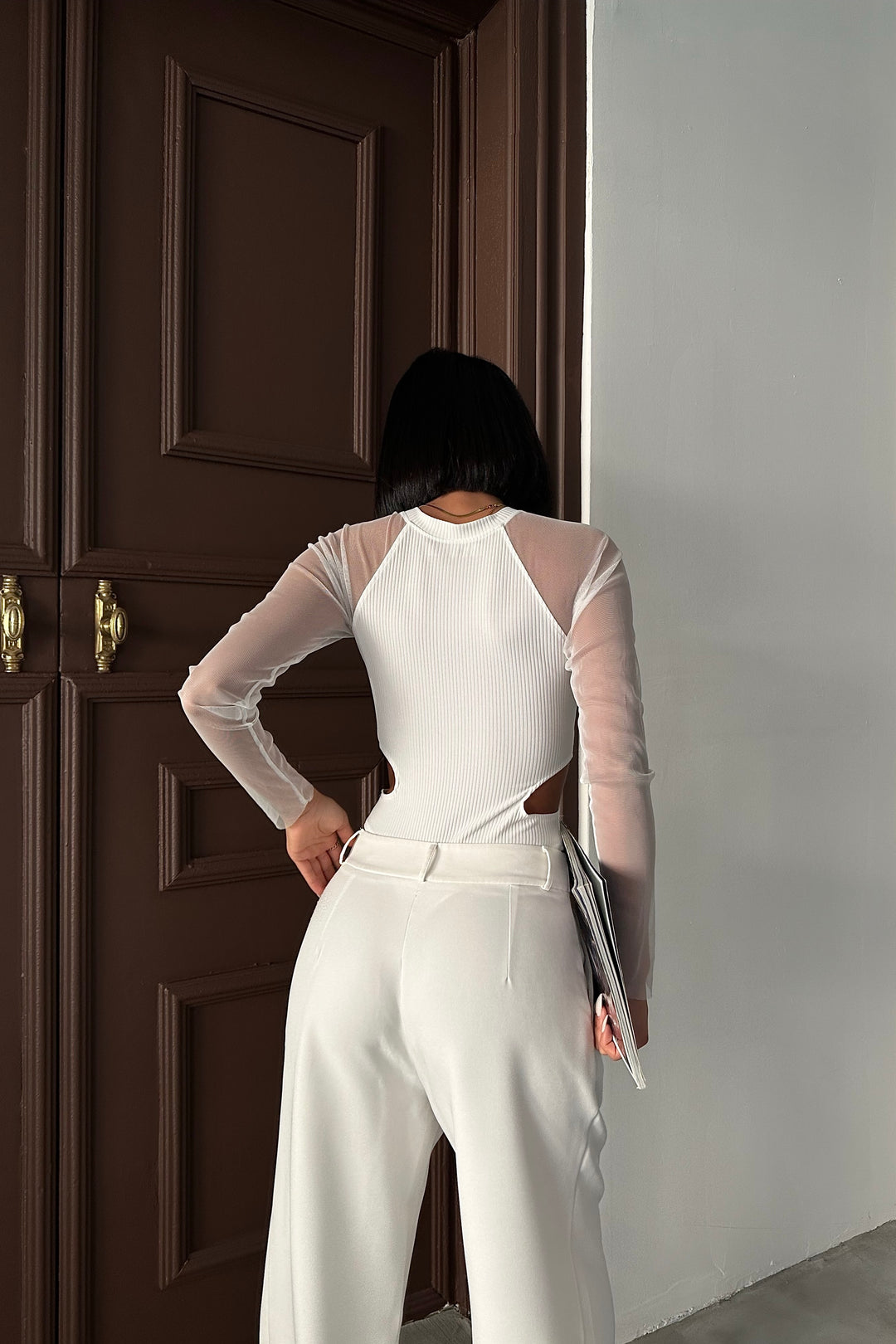 Sheer Sleeve Cut-Out Bodysuit