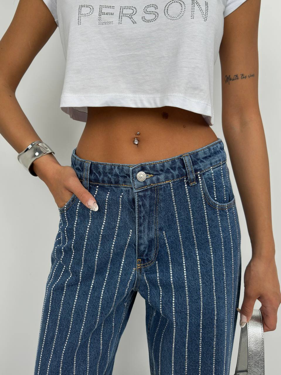 Rhinestone Striped Straight Jeans