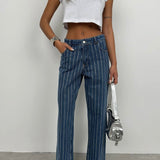 Rhinestone Striped Straight Jeans