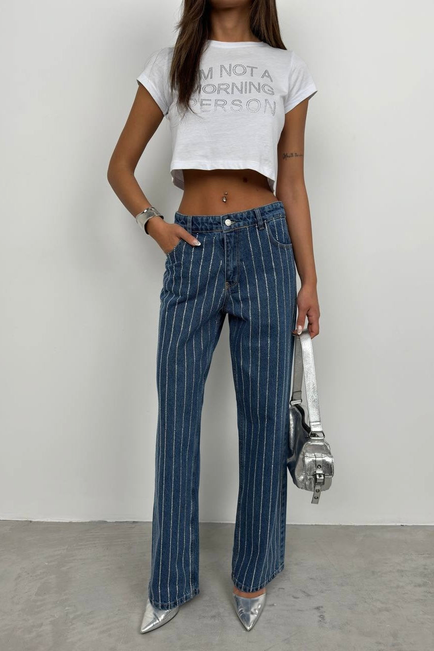Rhinestone Striped Straight Jeans