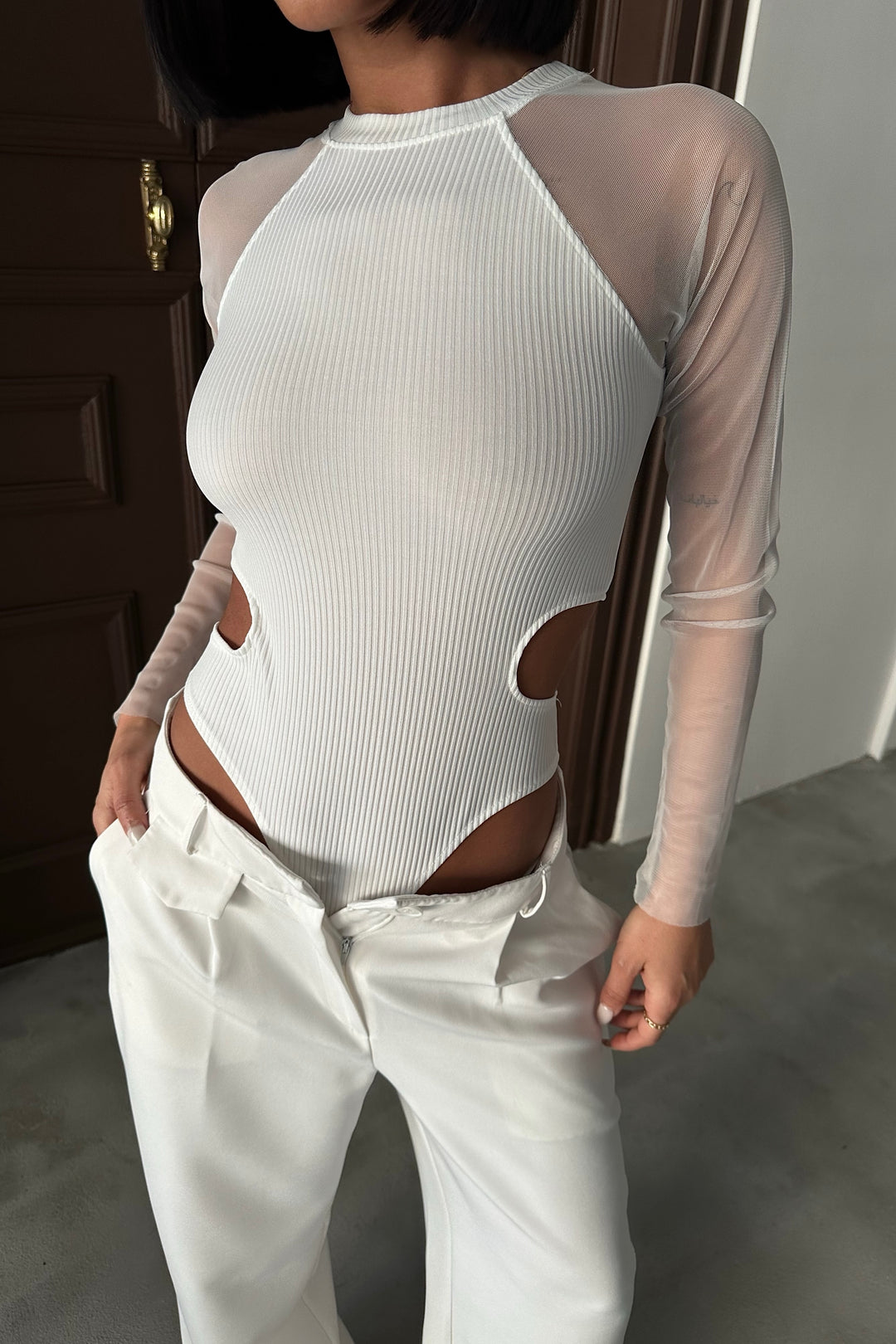 Sheer Sleeve Cut-Out Bodysuit