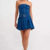 Denim Micro Mini Pleated Dress