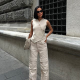 Wide Leg Canvas Cargo Pants Stone