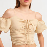 Puff Sleeve Drawstring Crop Top
