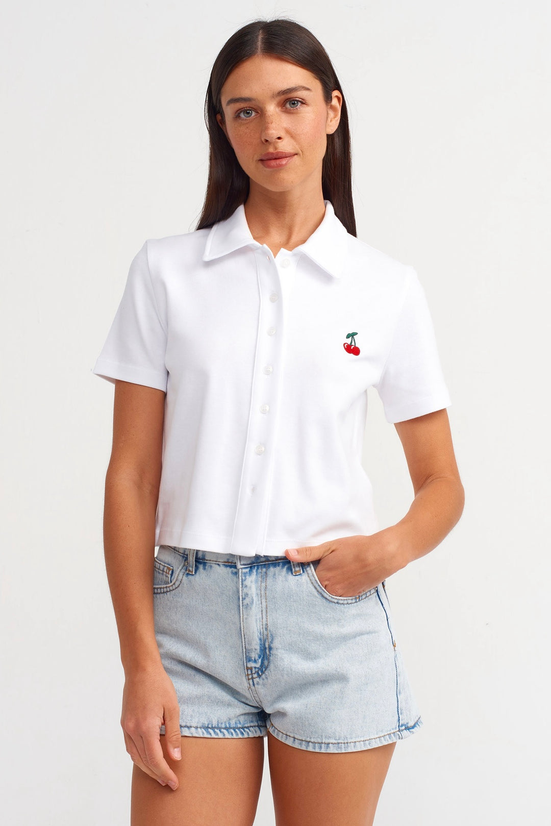 Cherry Embroidered White Polo Shirt