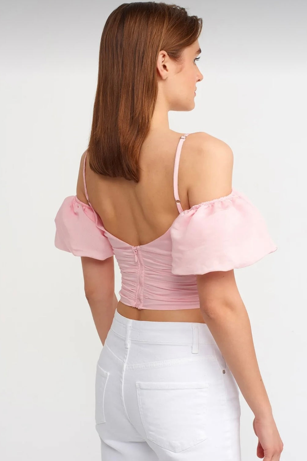 Puff Sleeve Drawstring Crop Top