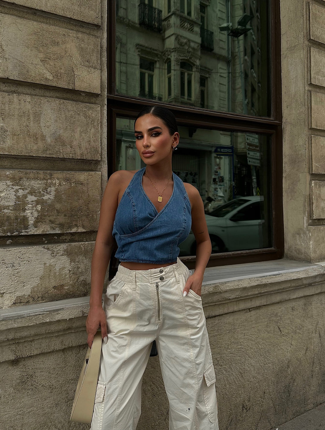 Open Tie Back Denim Top