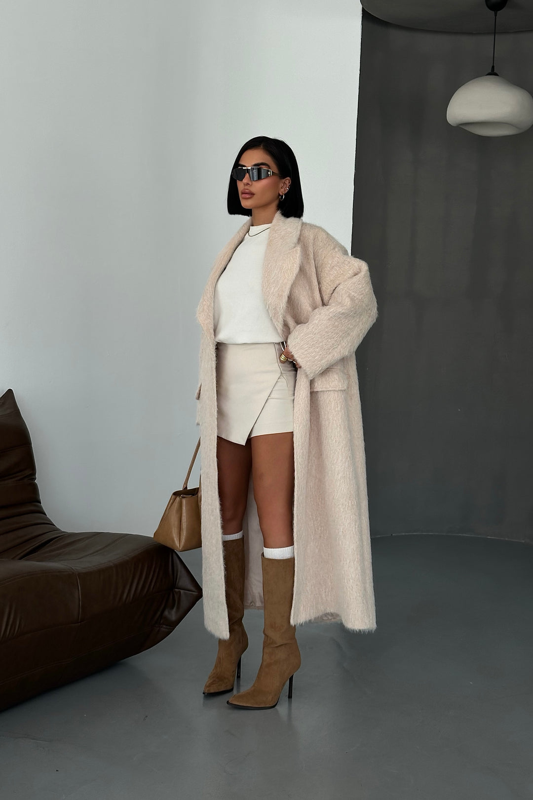 Textured Wool Blend Wrap Coat Beige