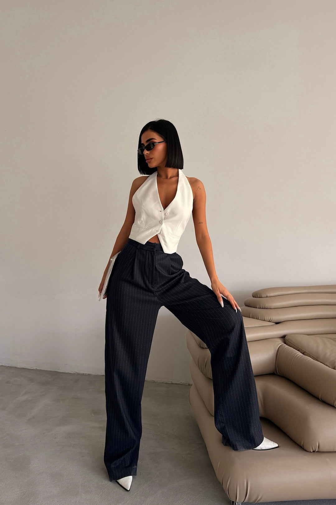 Pinstripe Pleated Trousers