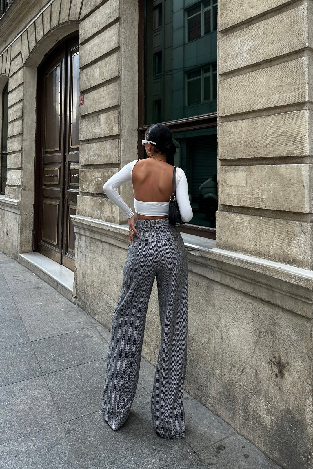 Herringbone Wool Wide Legs Pants