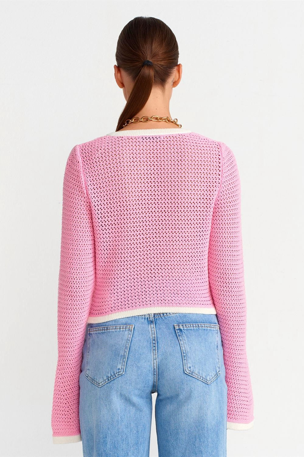 Golden Buttoned Crochet Cardigan