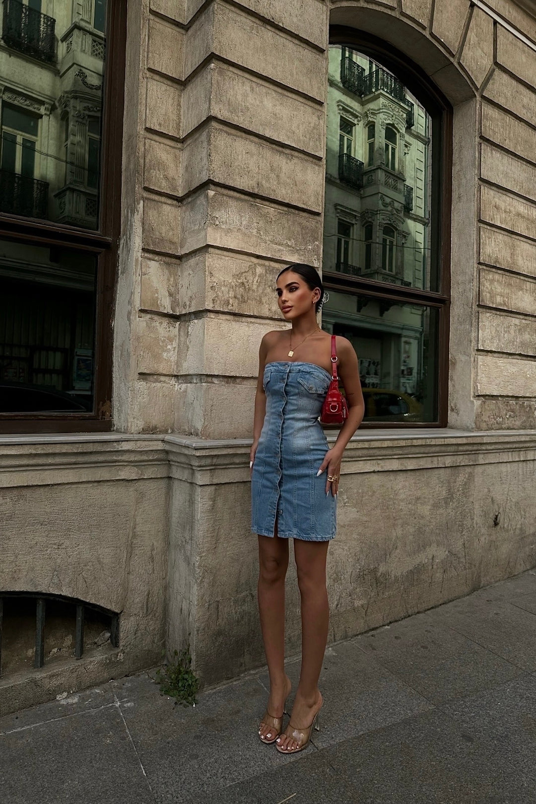 Button Up Strapless Denim Dress