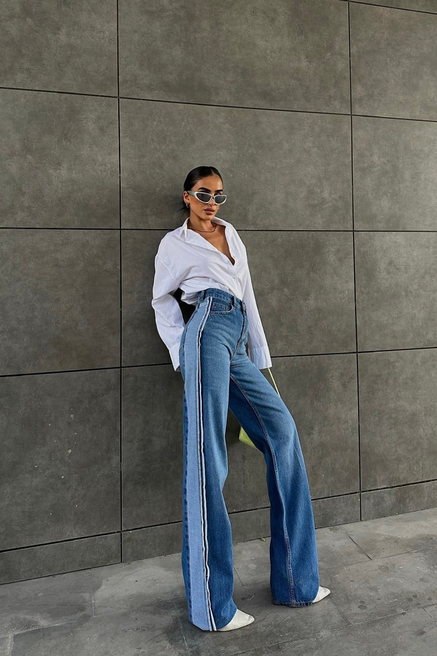 White Stitch Stripe Design Flared Jeans