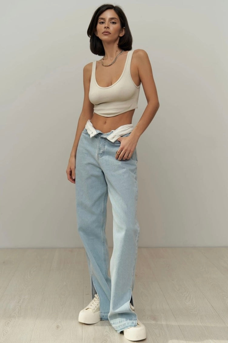 Folded Belt Denim Pants