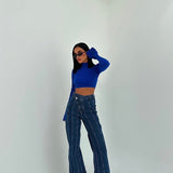 Cross-Button Flared Denim with Stitch Detailing