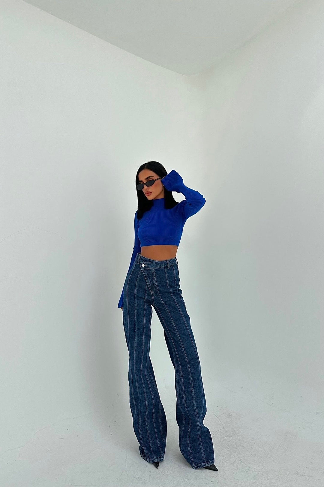 Cross-Button Flared Denim with Stitch Detailing