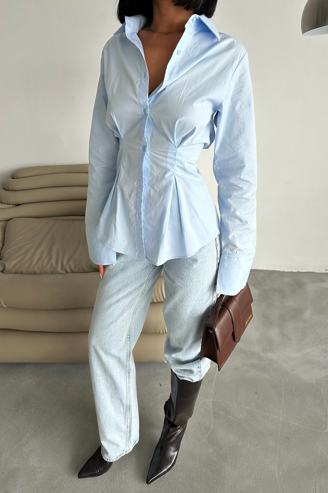 Pleated Waist Button-Up Shirt