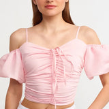 Puff Sleeve Drawstring Crop Top