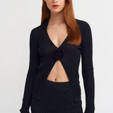 Ribbed Cardigan with Flower Detail