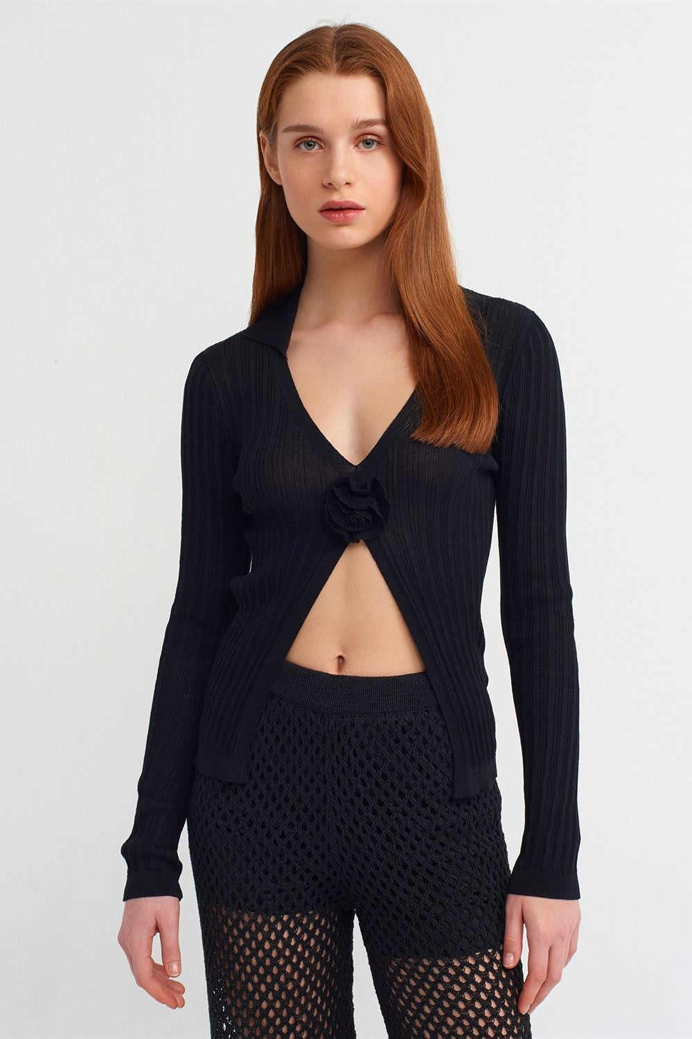 Ribbed Cardigan with Flower Detail