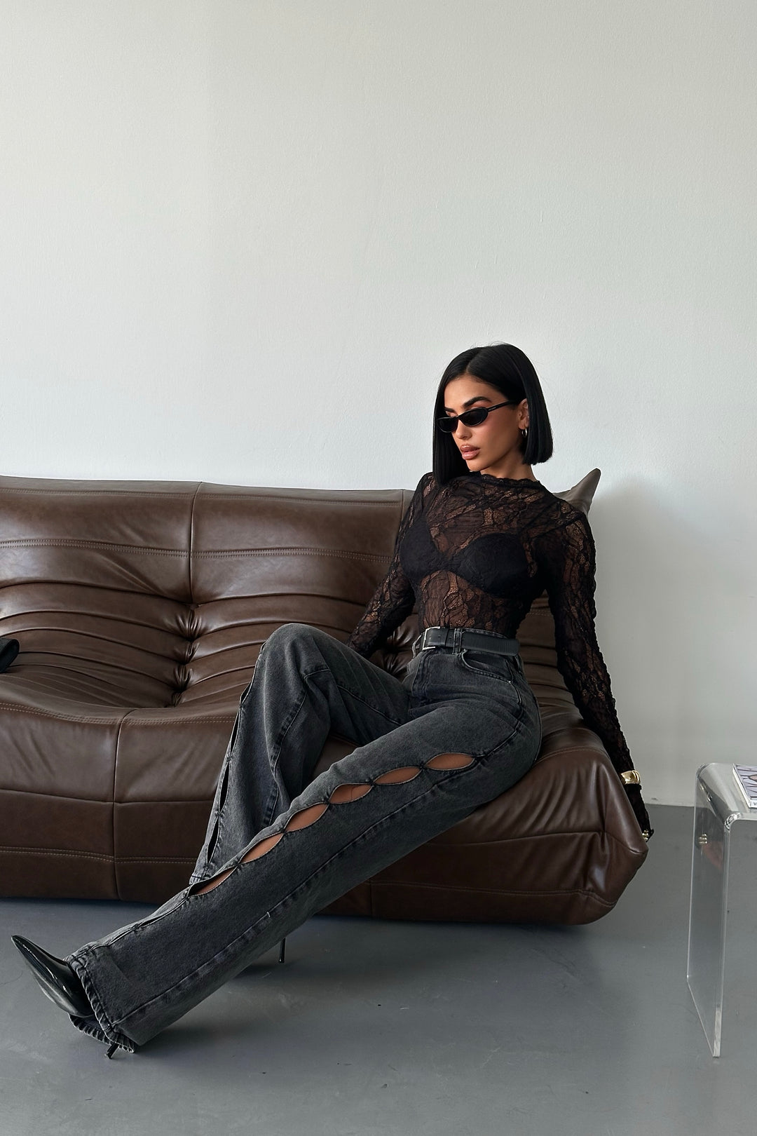 Charcoal Cut-Out High Rise Jeans