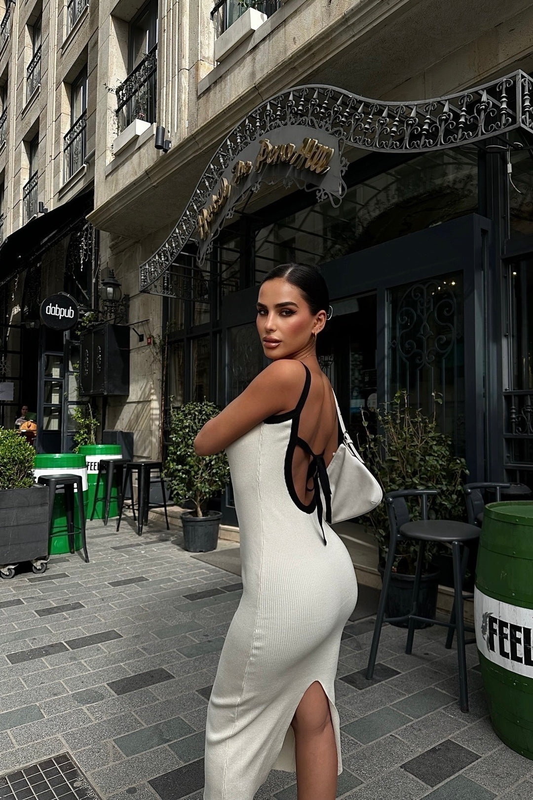 Black Strings Ribbed Cream Dress