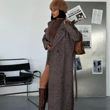Brown Herringbone Wool Belted Coat