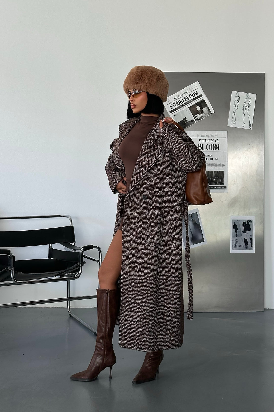 Brown Herringbone Wool Belted Coat
