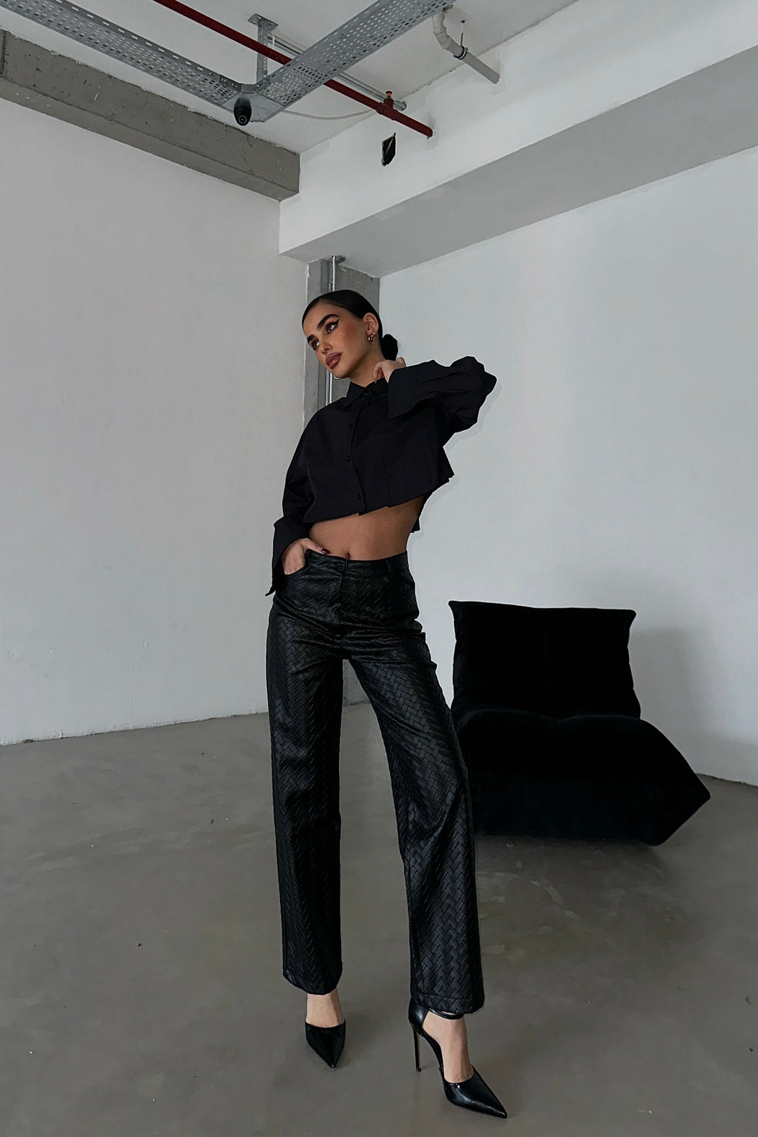 Herringbone Faux Leather Pants