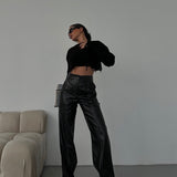 Black Faux Leather Pants with White Stitch