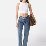 Cross Button Straight Jeans Blue