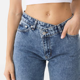 Cross Button Straight Jeans Blue