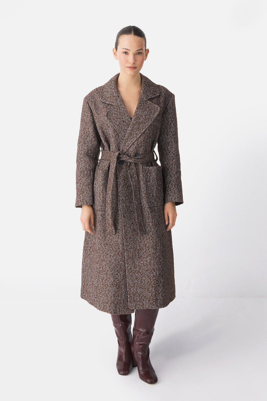 Brown Herringbone Wool Belted Coat