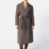 Brown Herringbone Wool Belted Coat