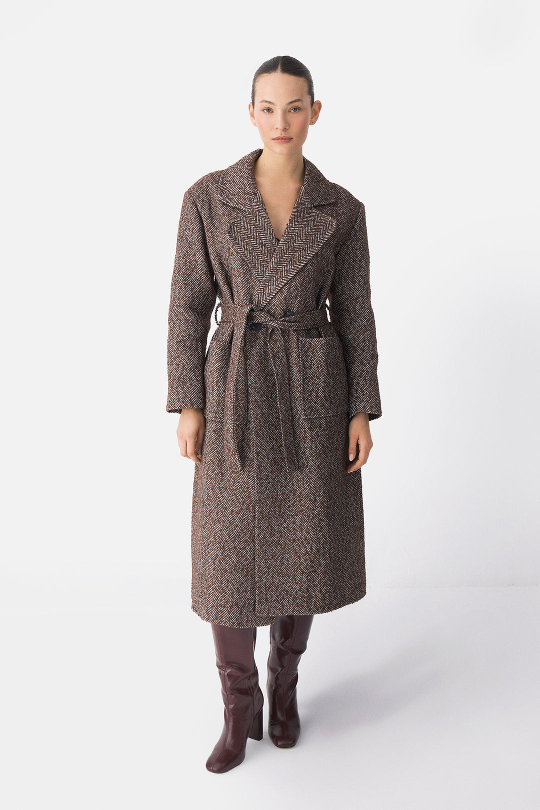 Brown Herringbone Wool Belted Coat