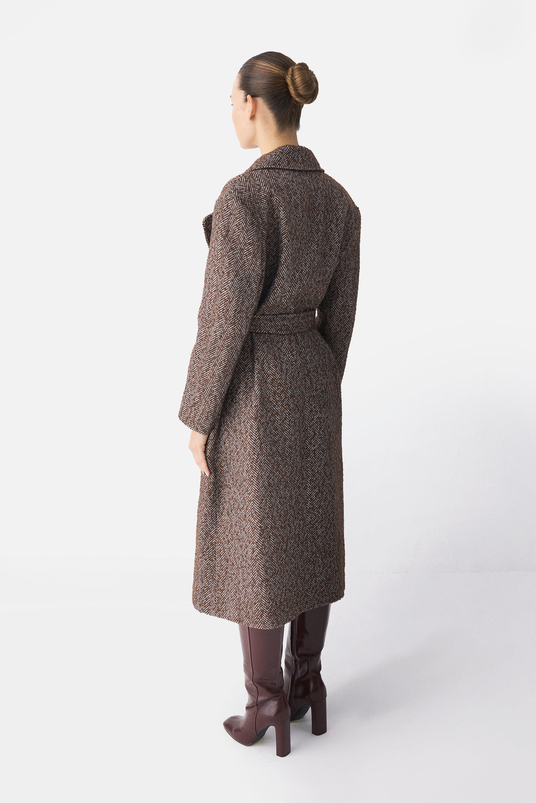 Brown Herringbone Wool Belted Coat
