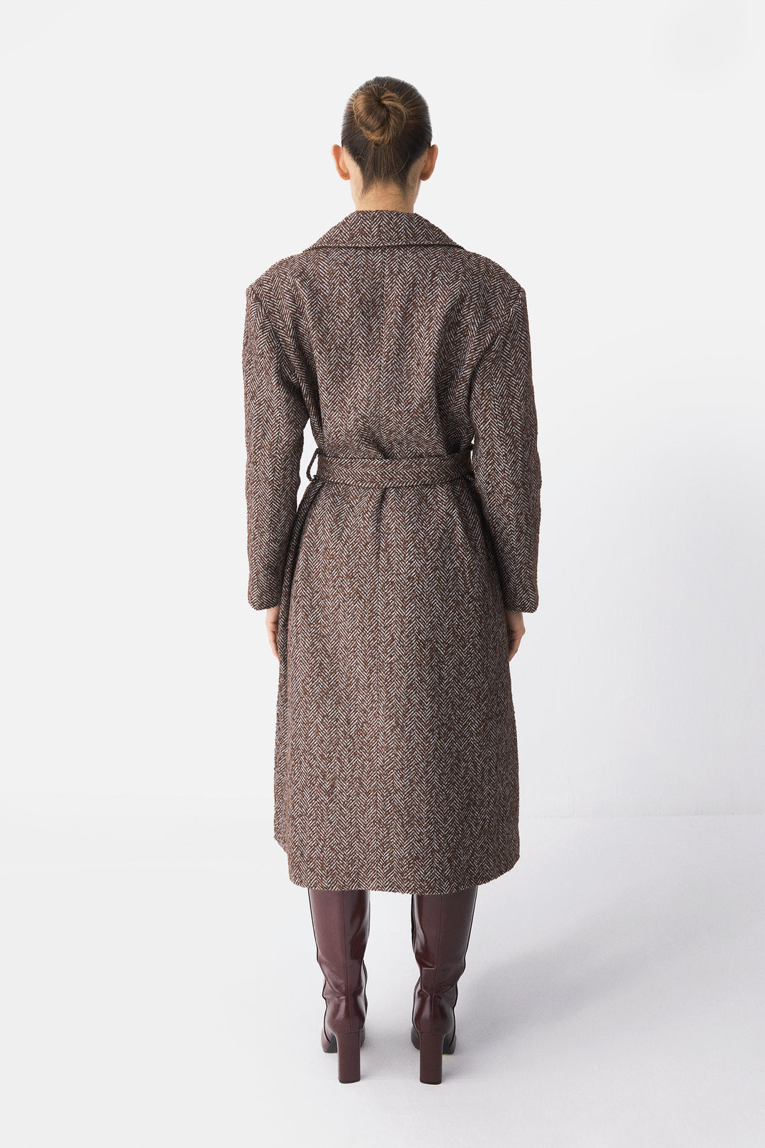 Brown Herringbone Wool Belted Coat