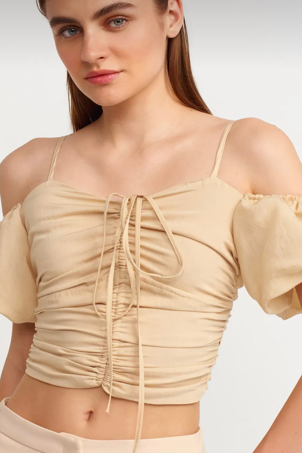 Puff Sleeve Drawstring Crop Top