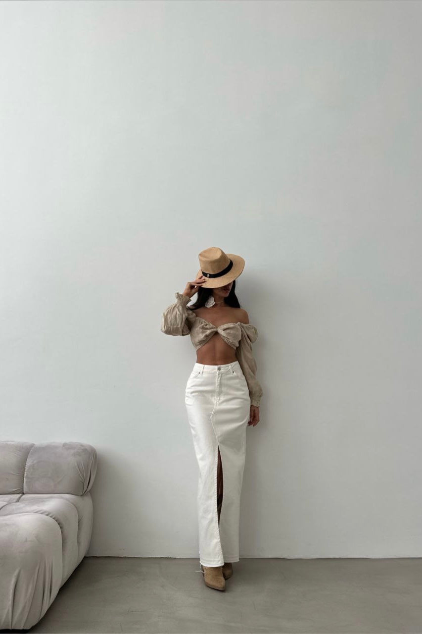 Long Slit Beige Jean Skirt