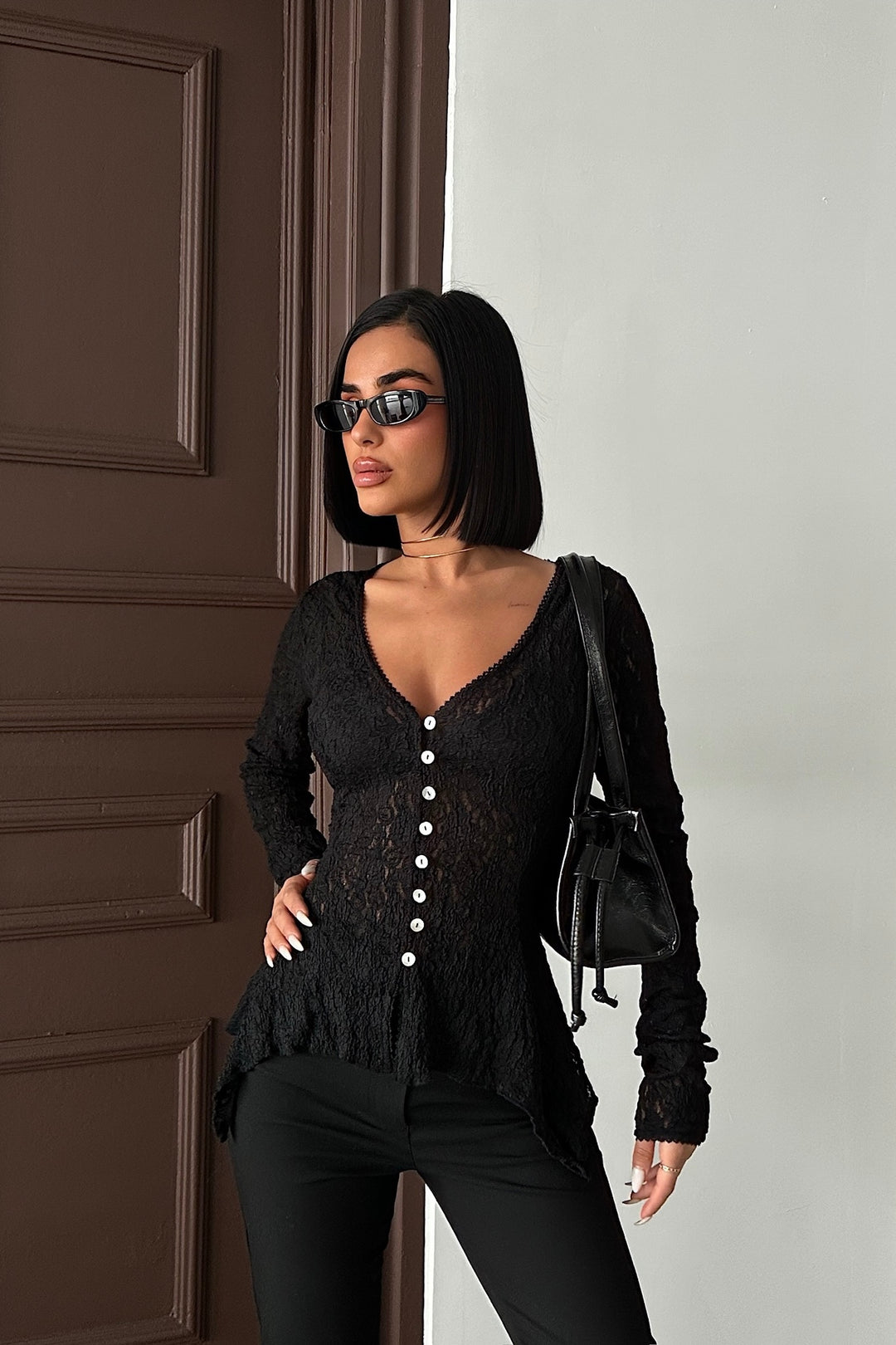 Sheer Lace Button-Up Top