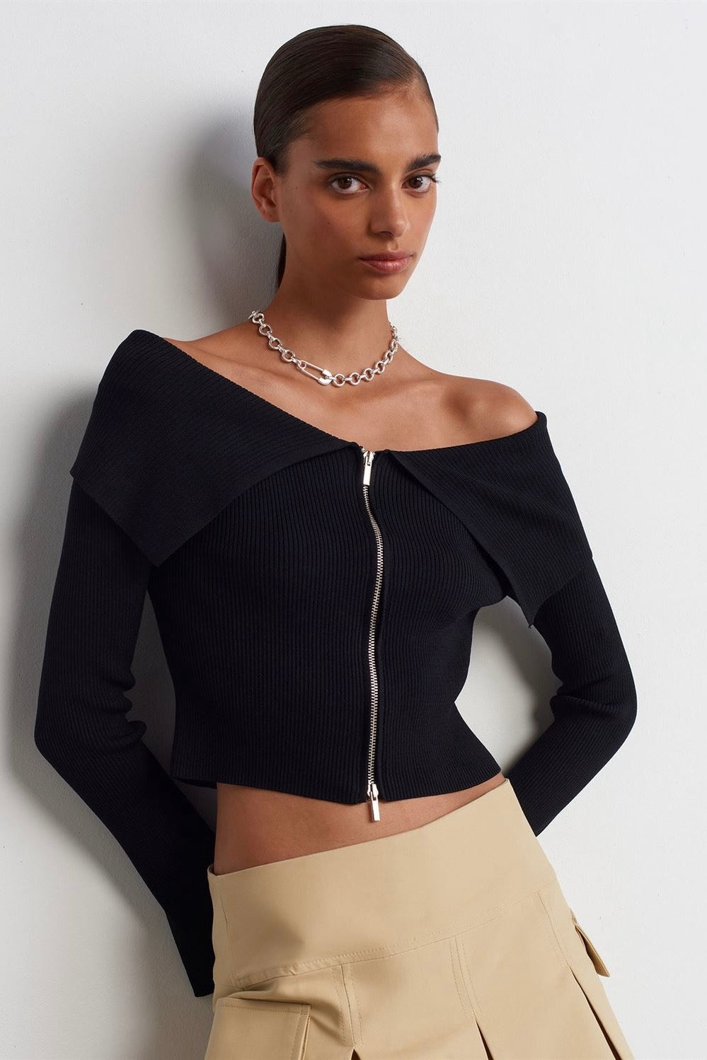 Off-Shoulder Zip-Up Ribbed Top