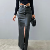 Split Faux Leather Long Skirt