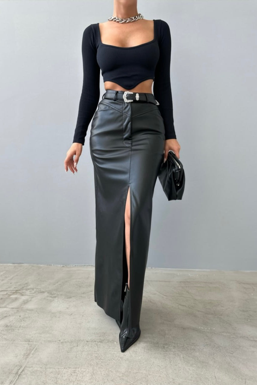 Split Faux Leather Long Skirt
