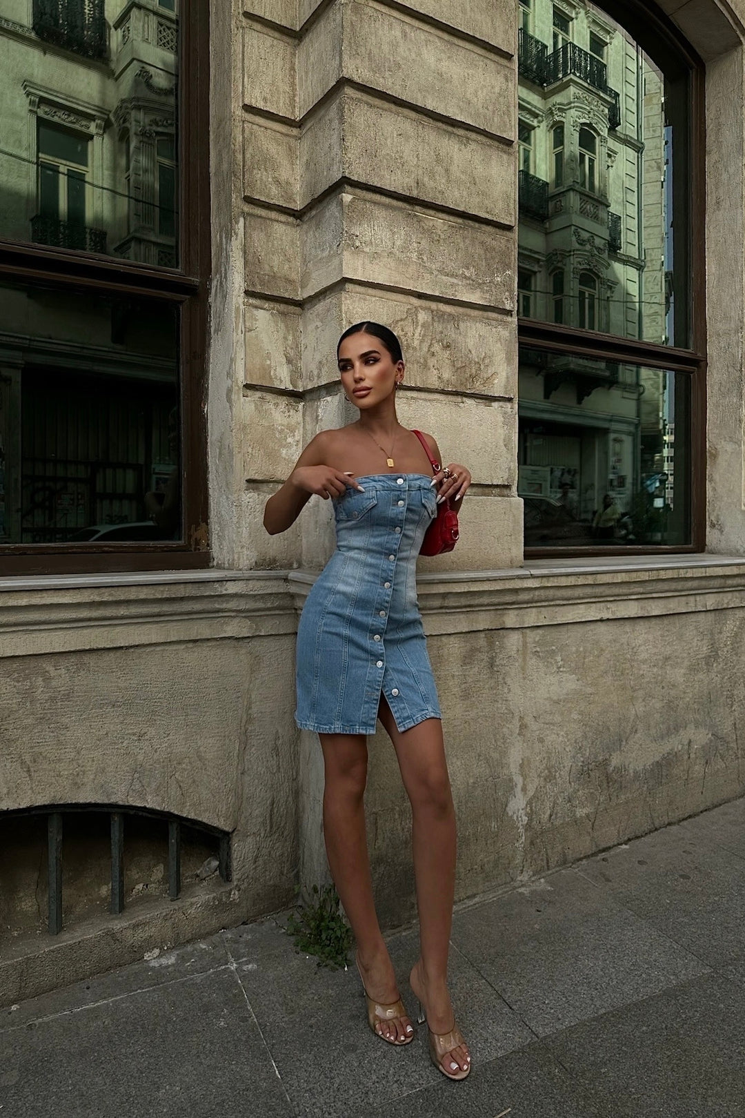 Button Up Strapless Denim Dress